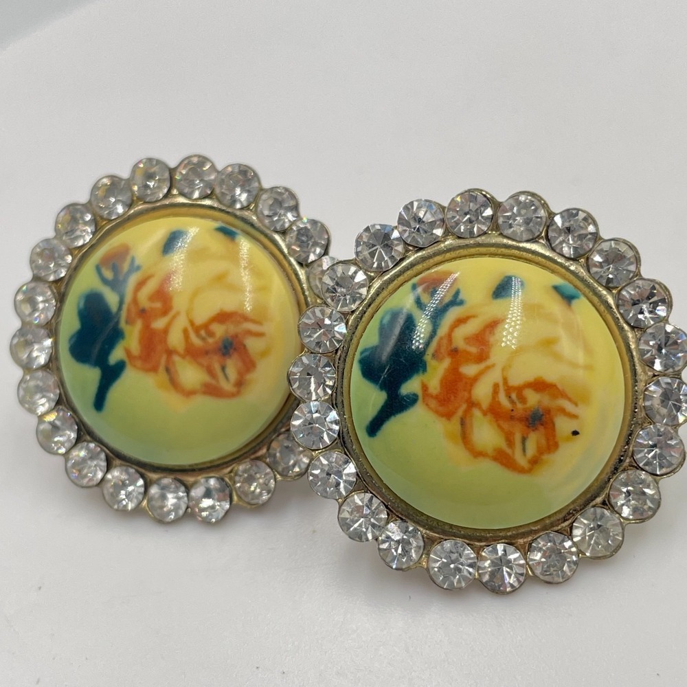 Vintage Y2K Floral Cabochon Rhinestone Halo Stud Earrings Gold Tone Yellow